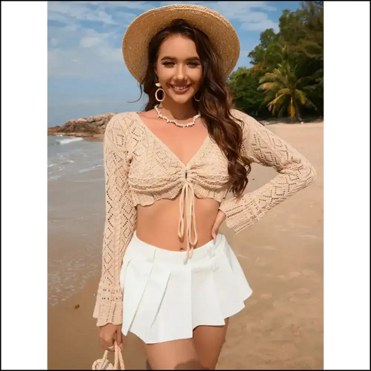 Chic Drawstring Openwork Long Sleeve Cover-up - Khaki / Xl - Cover-ups