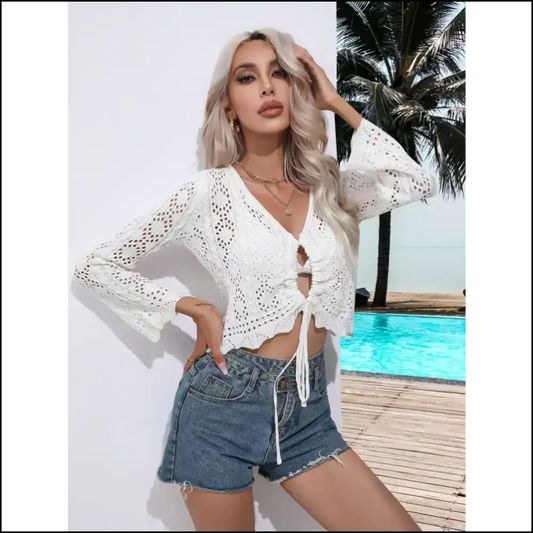 Say Bye to Awkward Tan Lines with our Chic Drawstring V-neck Cover-up! 🌊✨ - White / s - Cover-ups
