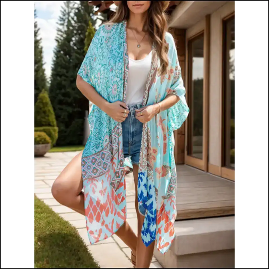 Chic Printed Open Front Cover-up - Light Blue / one Size - Cover-ups