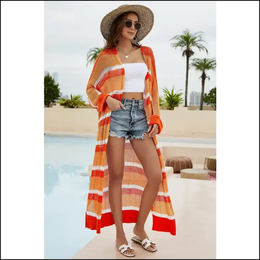 Get your Chic Striped Open Duster: Elegance for the Playful at Heart! 😄✨ - Orange / s - Cover-ups