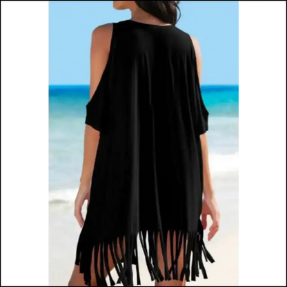 Fringe V-neck Cold Shoulder Cover Up - Cover-ups