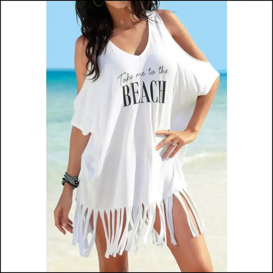 Fringe V-neck Cold Shoulder Cover Up - White / one Size - Cover-ups