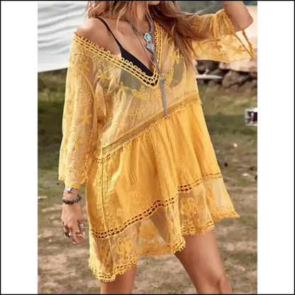 Lace Detail Plunge Cover-up Dress - Gold / one Size - Cover-ups