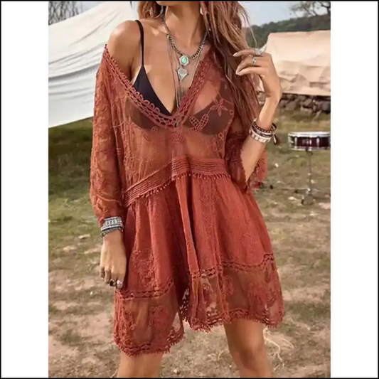 Lace Detail Plunge Cover-up Dress - Mauve / one Size - Cover-ups