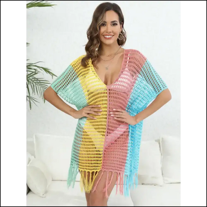 Fringe Color Block Cover-up: where Goddesses Go to Hide and Shine! 🌈✨ - Dusty Pink / one Size - Cover-ups