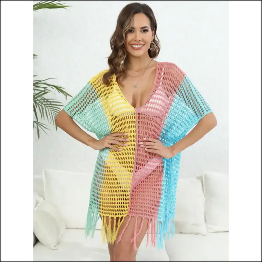 Fringe Color Block Cover-up: where Goddesses Go to Hide and Shine! 🌈✨ - Dusty Pink / one Size - Cover-ups