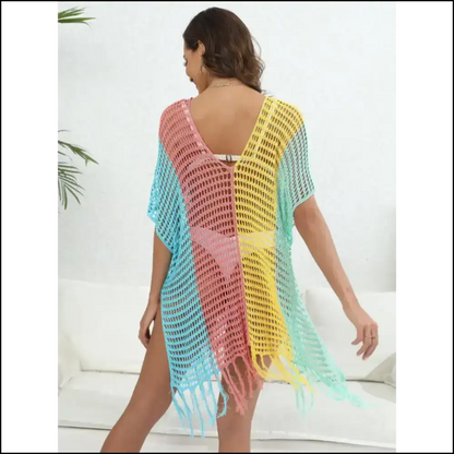 Fringe Color Block Cover-up: where Goddesses Go to Hide and Shine! 🌈✨ - Cover-ups