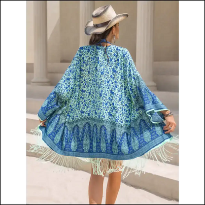 Fringe Printed Open Cover-up: Because who Needs Fashion when you have Guts? 😂✨ - Cover-ups