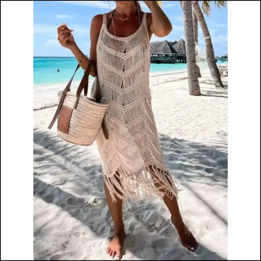 Fringe Scoop Neck Cover-up: Unleash your Inner Diva and Ditch the Drama! 💃✨ - Khaki / s - Cover-ups