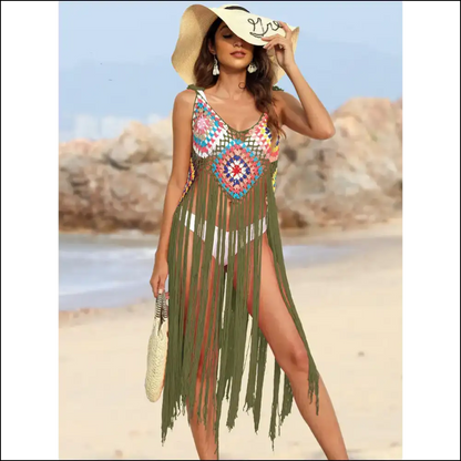 Fringe Spaghetti Strap Cover-up - Moss / one Size - Cover-ups