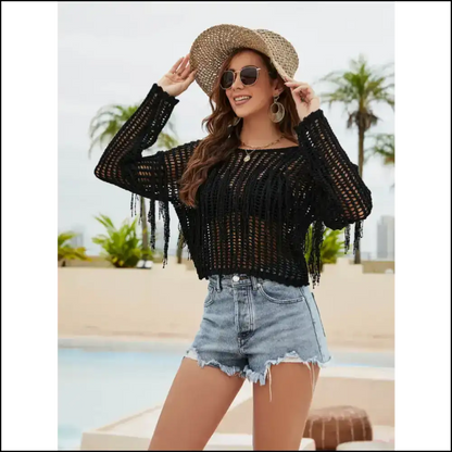 Dare to Bare: Unleash your Inner Diva with our Fringe Trim Openwork Cover-up! 💃✨ - Cover-ups