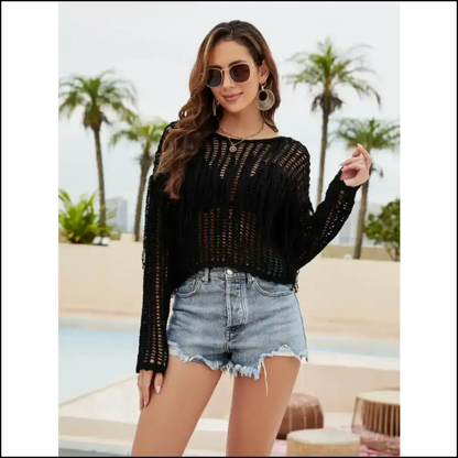 Dare to Bare: Unleash your Inner Diva with our Fringe Trim Openwork Cover-up! 💃✨ - Black / Xl - Cover-ups