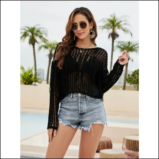 Dare to Bare: Unleash your Inner Diva with our Fringe Trim Openwork Cover-up! 💃✨ - Black / Xl - Cover-ups