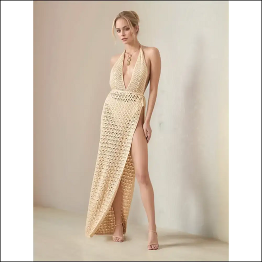 Unleash your Inner Diva in our Sheer Hollow Halter Neck Cover-up Dress 💃✨ - Tan / m - Cover-ups