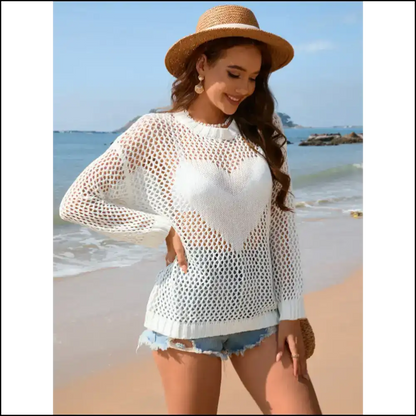 Unleash your Inner Diva with our Heart Openwork Long Sleeve Cover-up 💖 - Cover-ups