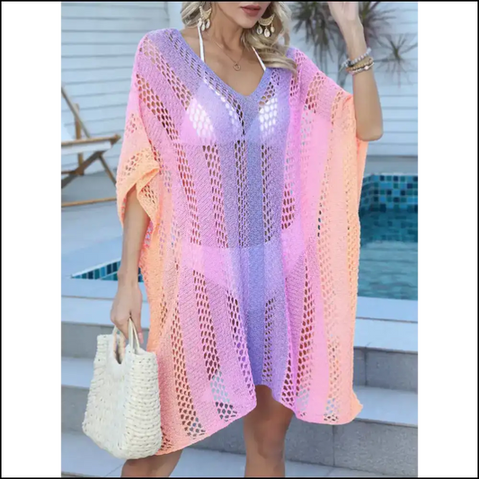 Openwork Contrast V-neck Cover-up: your Flirty Beach Bff 💦✨ - Red / one Size - Cover-ups