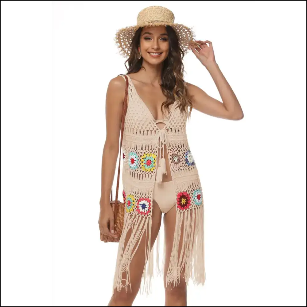 Openwork Fringe Embroidery Sleeveless Beach Cover Up Apricot / one Size Ups