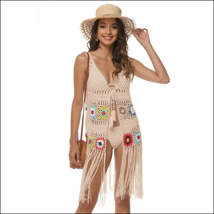 Openwork Fringe Embroidery Sleeveless Beach Cover Up Apricot / one Size Ups
