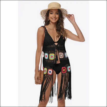 Openwork Fringe Embroidery Sleeveless Beach Cover Up Black / one Size Ups
