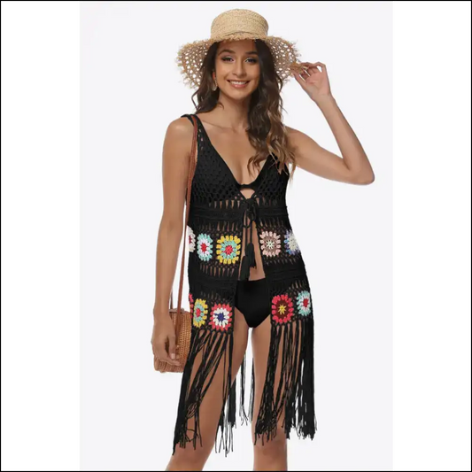 Openwork Fringe Embroidery Sleeveless Beach Cover Up Black / one Size Ups
