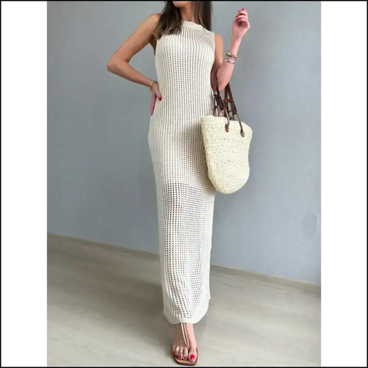 Openwork Slit Round Neck Cover-up - Beige / l - Cover-ups