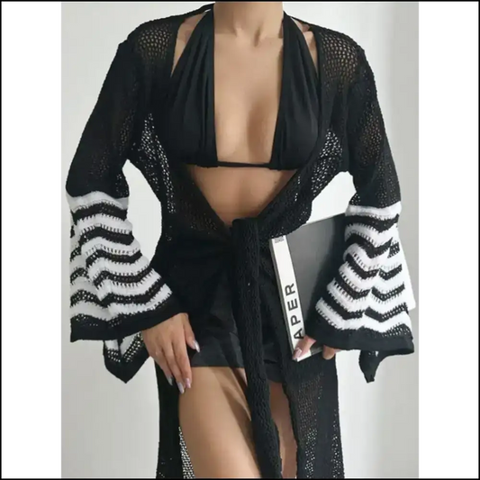 Openwork Striped Flare Sleeve Cover-up - Black / one Size - Cover-ups