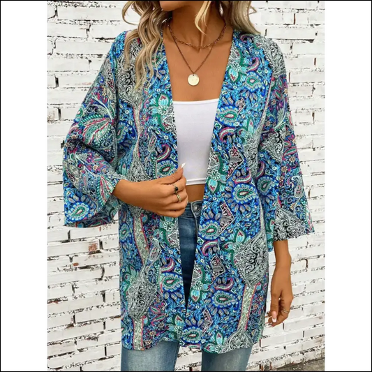 Chic Printed Open Front Three-quarter Sleeve Cover Up - Teal / one Size - Cover-ups