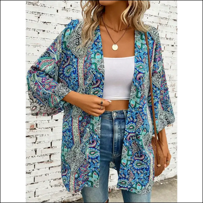 Chic Printed Open Front Three-quarter Sleeve Cover Up - Teal / one Size - Cover-ups