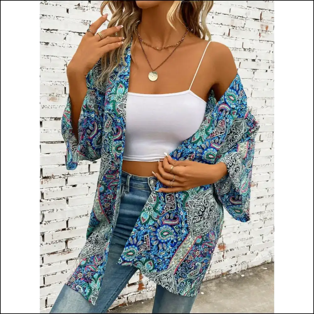 Chic Printed Open Front Three-quarter Sleeve Cover Up - Teal / one Size - Cover-ups