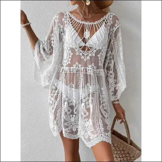 Lace Round Neck Cover-up for Trendy Women - White / one Size - Cover-ups