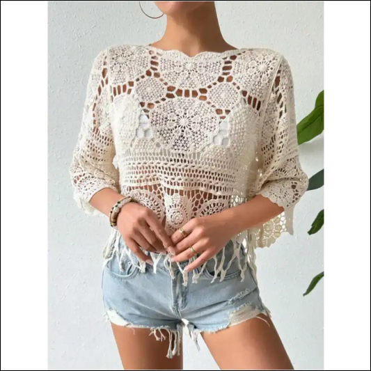 Openwork Round Neck Cover-up - Sand / one Size - Cover-ups