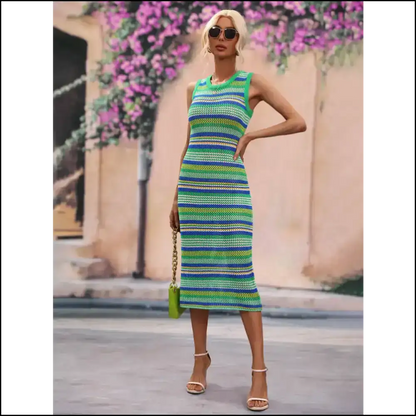 Strut your Stuff in our Striped Round Neck Midi Cover - Don’t Get Sunburned! 😎 - Green / s - Cover-ups