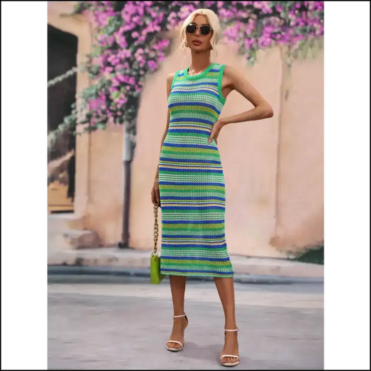 Strut your Stuff in our Striped Round Neck Midi Cover - Don’t Get Sunburned! 😎 - Green / s - Cover-ups