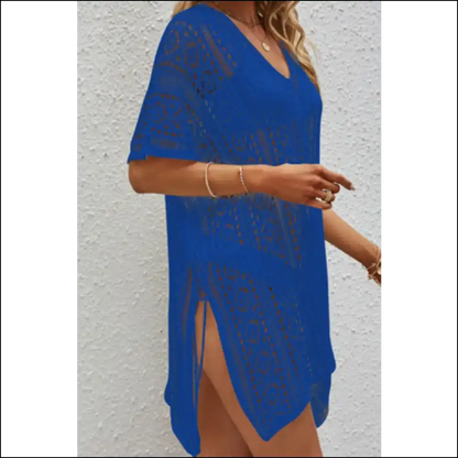 Openwork V-neck Sheer Cover Up - Royal Blue / one Size - Cover-ups
