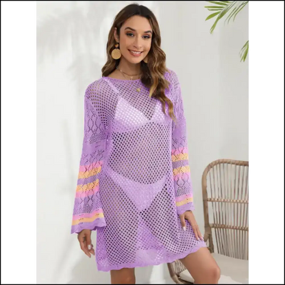 Breezy Elegance: Rock that Sheer Openwork Long Sleeve Like a Snack 🍕✨ - Lavender / one Size - Cover-ups