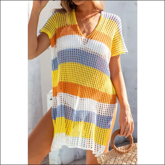 Slit Color Block V-neck Cover-up - Yellow / one Size - Cover-ups