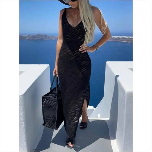Slit Openwork V-neck Sleeveless Cover Up - Black / m - Cover-ups