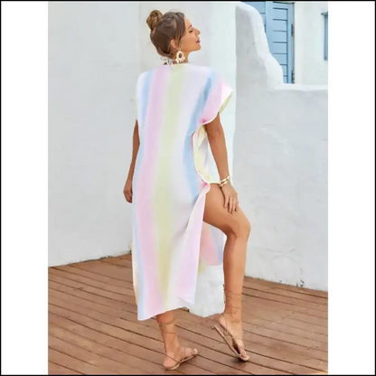 Slit Striped Notched Cover-up: Because who Needs Clothes Anyway? 😂 - Multicolor / one Size - Cover-ups