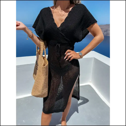 Ditch the Drama: Slit Surplice Cap Sleeve Cover-up for Poolside Queens 🌞👙 - Cover-ups