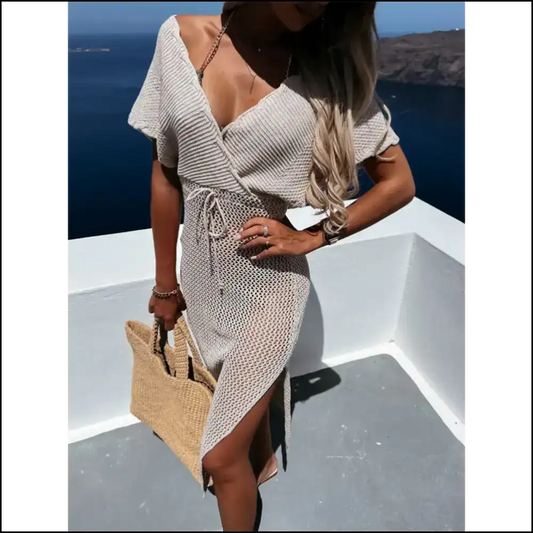 Ditch the Drama: Slit Surplice Cap Sleeve Cover-up for Poolside Queens 🌞👙 - Tan / s - Cover-ups