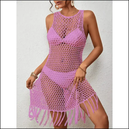 Chic Tassel Hem Hollow out Sleeveless Cover Up - Lavender / l - Cover-ups