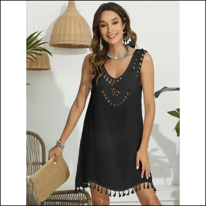 Tassel Scoop Neck Cover-up: Dress Up for Sunbathing and Hiding Bad Decisions! 🌞 - Black / one Size - Cover-ups