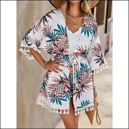 Tassel Tied Printed Half Sleeve: Beach Chic for Clumsy Sunkissed Moments! 😎🌊 - White / one Size - Cover-ups