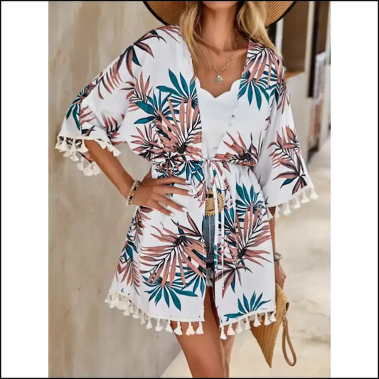 Tassel Tied Printed Half Sleeve: Beach Chic for Clumsy Sunkissed Moments! 😎🌊 - White / one Size - Cover-ups
