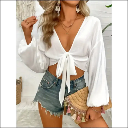 Playful Tied V-neck Cropped Cover-up - Cover-ups