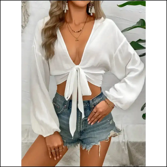 Playful Tied V-neck Cropped Cover-up - White / s - Cover-ups