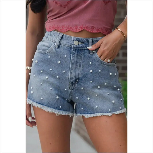 Dusk Blue Pearl Beaded Denim Shorts / 4