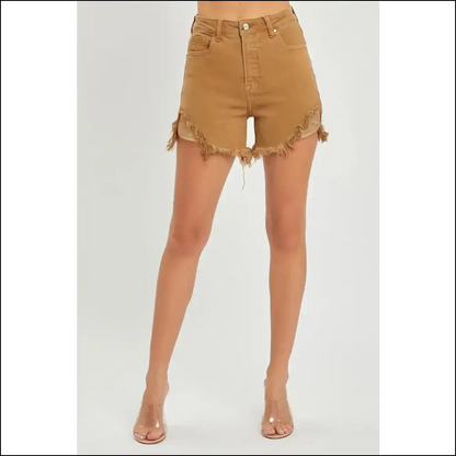 Risen High Waist Frayed Hem Denim Shorts