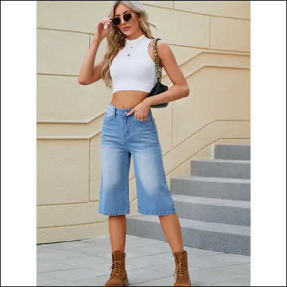 High Waist Denim Shorts with Pockets for Women