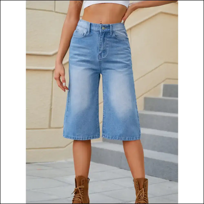 High Waist Denim Shorts with Pockets for Women - Medium / l